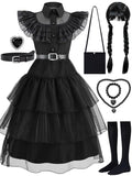 Girls Halloween Costume Fancy Dress with Wig Black for Kids Carnival Party 7-8 Years