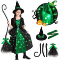 Girls Witch Halloween Costumes, Light Up Halloween Witch Dress with Broom and Hat for Kids Cosplay Party 5-7 Years