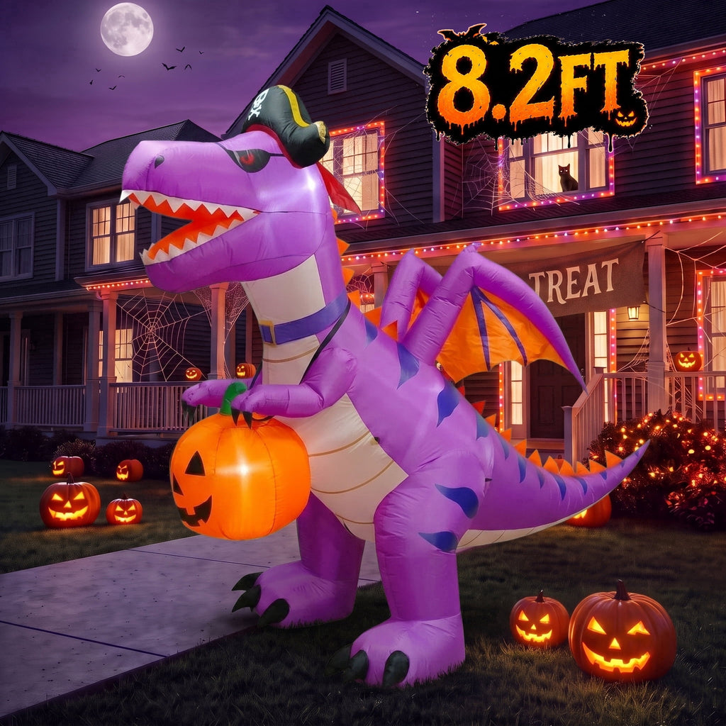 Glazina 8.2 FT Halloween Inflatable Purple Pirate Dinosaur with Pumpkin, Built-In LED Lights, Outdoor Halloween Blow Up Yard Decoration