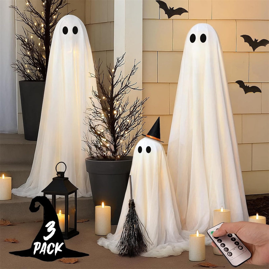 GoLucid 3 Pack Light Up Ghost Family Halloween Decorations with Remote, Adjustable Glowing Ghost Trio with Witch Hat & Broom for Yard Porch Decor