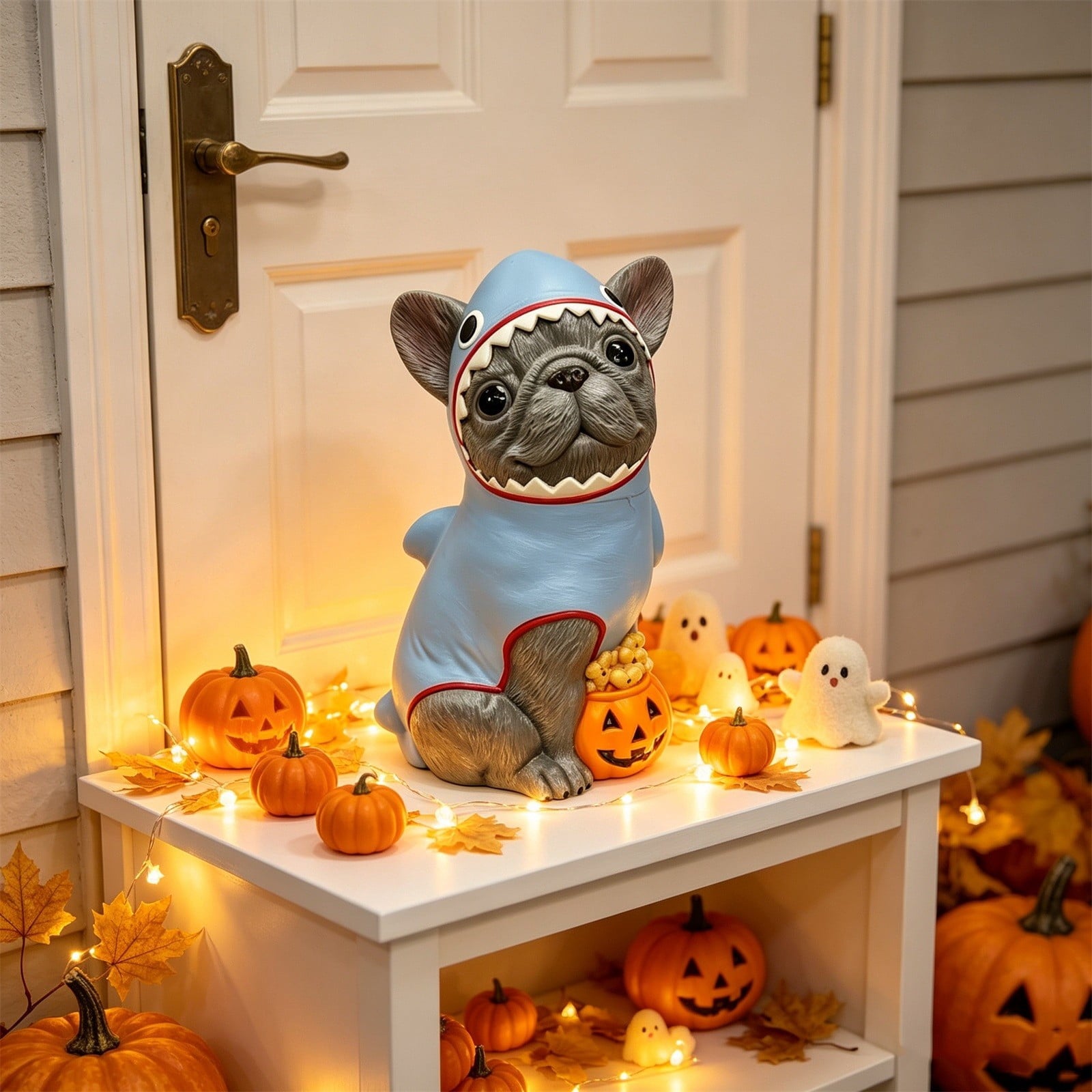 Gray Frenchie in Shark Costume Blow Mold, Halloween French Bulldog Statue with Light Up Pumpkin Decor, Cute Resin Outdoor Indoor Tabletop Dog Ornament, Entryway Patio Yard Decoration, 7.87"