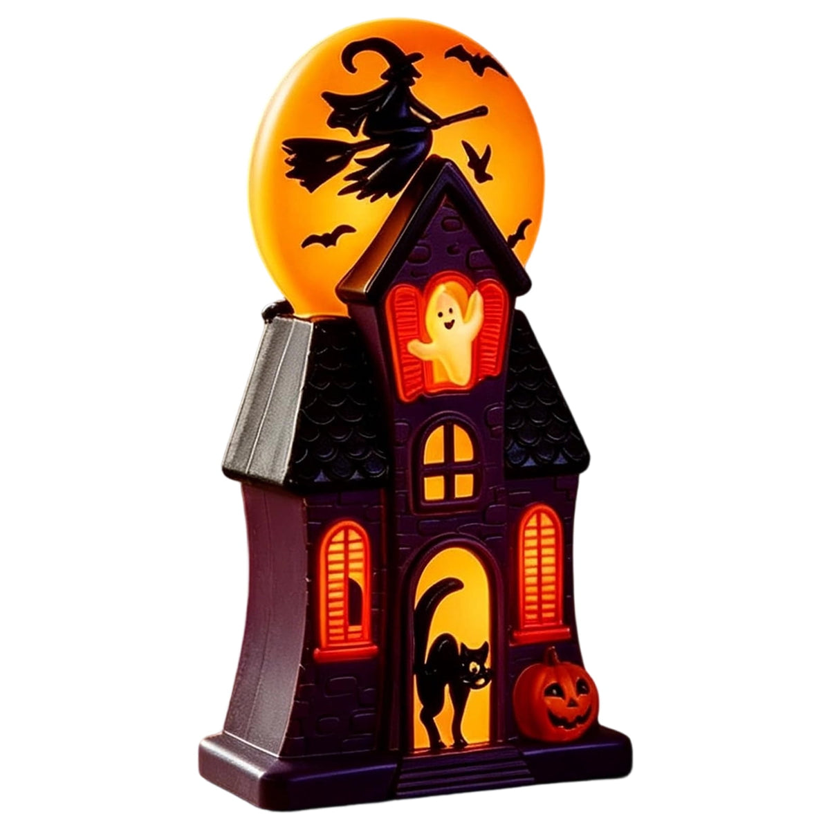 HAHUT Halloween House Blow Mold Light, Resin Pre-Lit Spooky Mansion with Glowing Witch Moon, Ghost & Black Cat for Halloween Party Tabletop Decor (Purple)