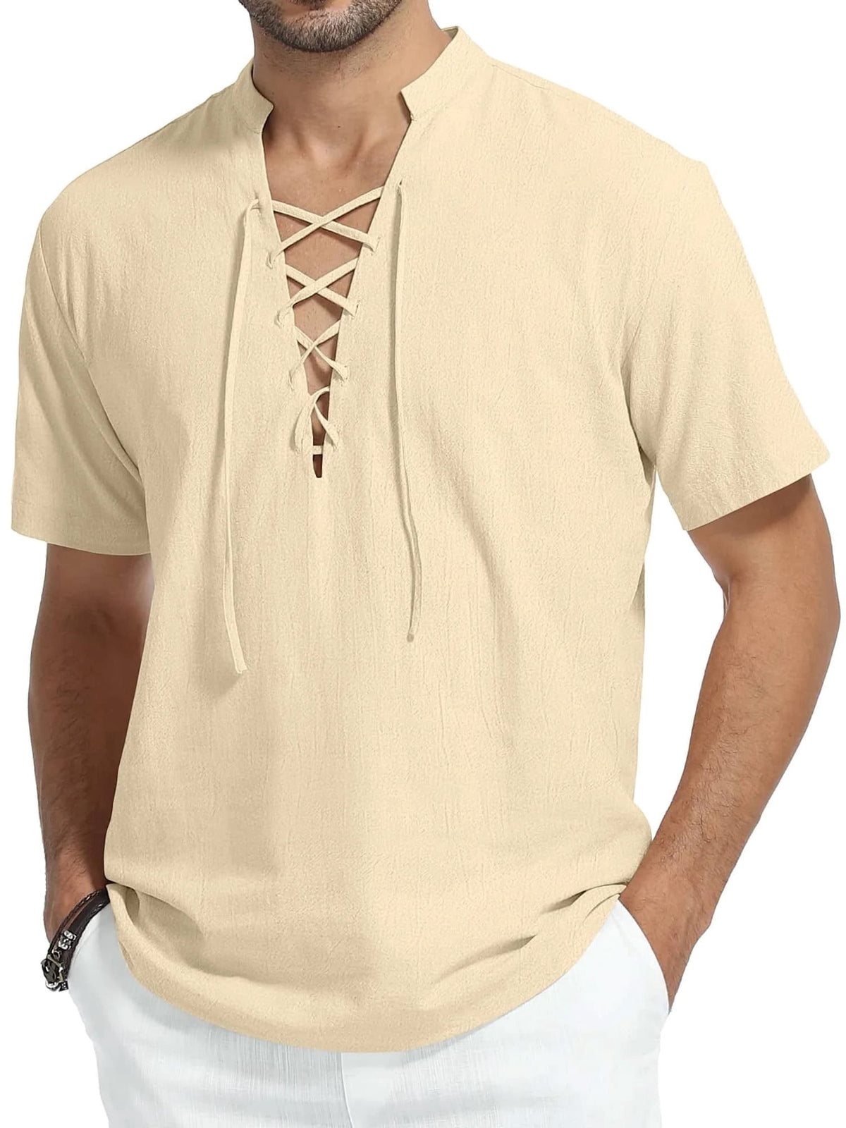 HAOMEILI Men's Short Sleeve Shirts Retro Style Lace up for Medieval,Viking,Hippie Halloween Cosplay Pirate Renaissance Costume