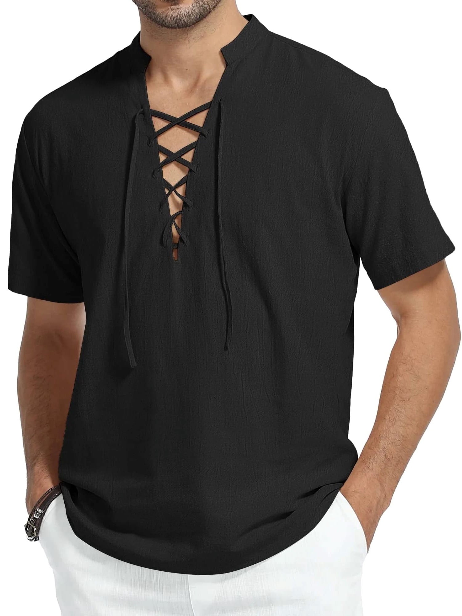 HAOMEILI Men's Short Sleeve Shirts Retro Style Lace up for Medieval,Viking,Hippie Halloween Cosplay Pirate Renaissance Costume