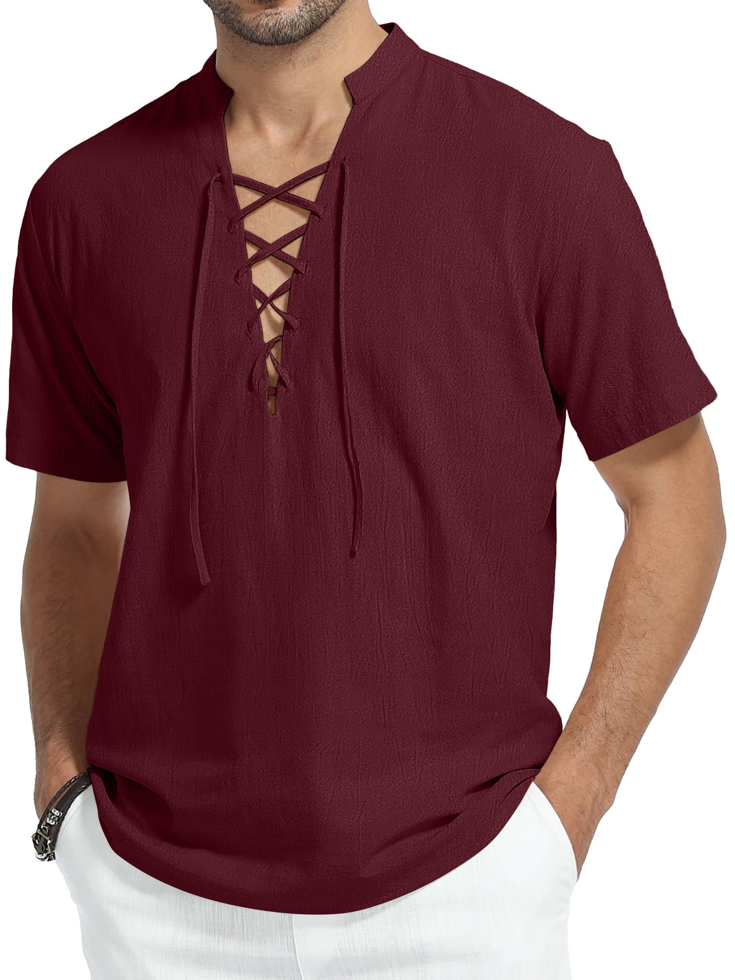 HAOMEILI Men's Short Sleeve Shirts Retro Style Lace up for Medieval,Viking,Hippie Halloween Cosplay Pirate Renaissance Costume