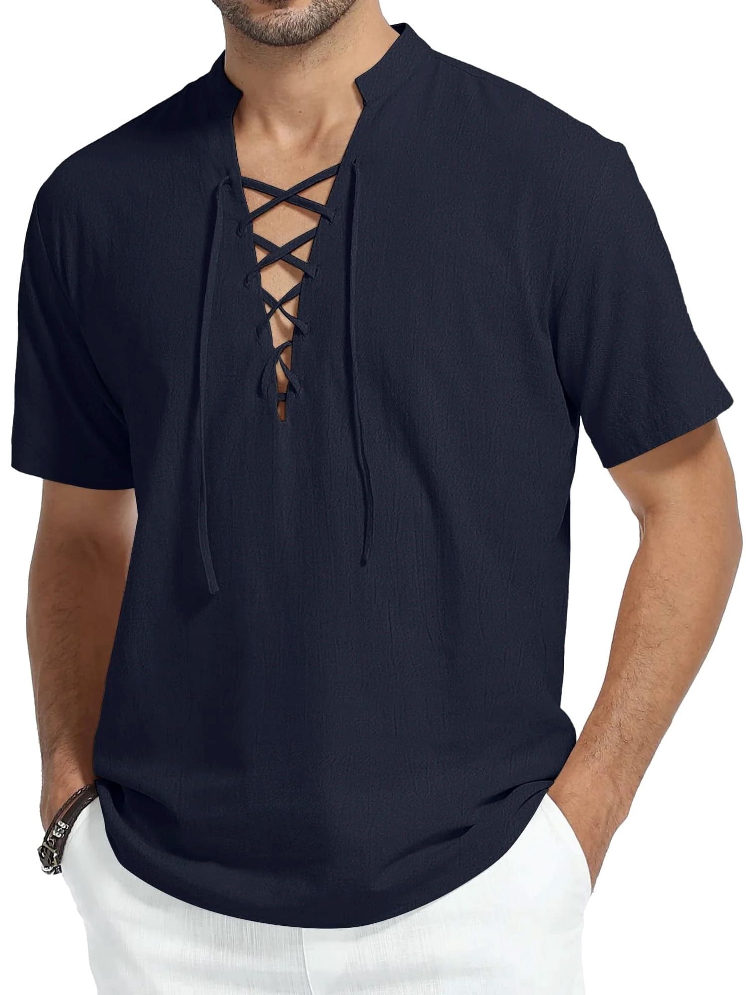 HAOMEILI Men's Short Sleeve Shirts Retro Style Lace up for Medieval,Viking,Hippie Halloween Cosplay Pirate Renaissance Costume