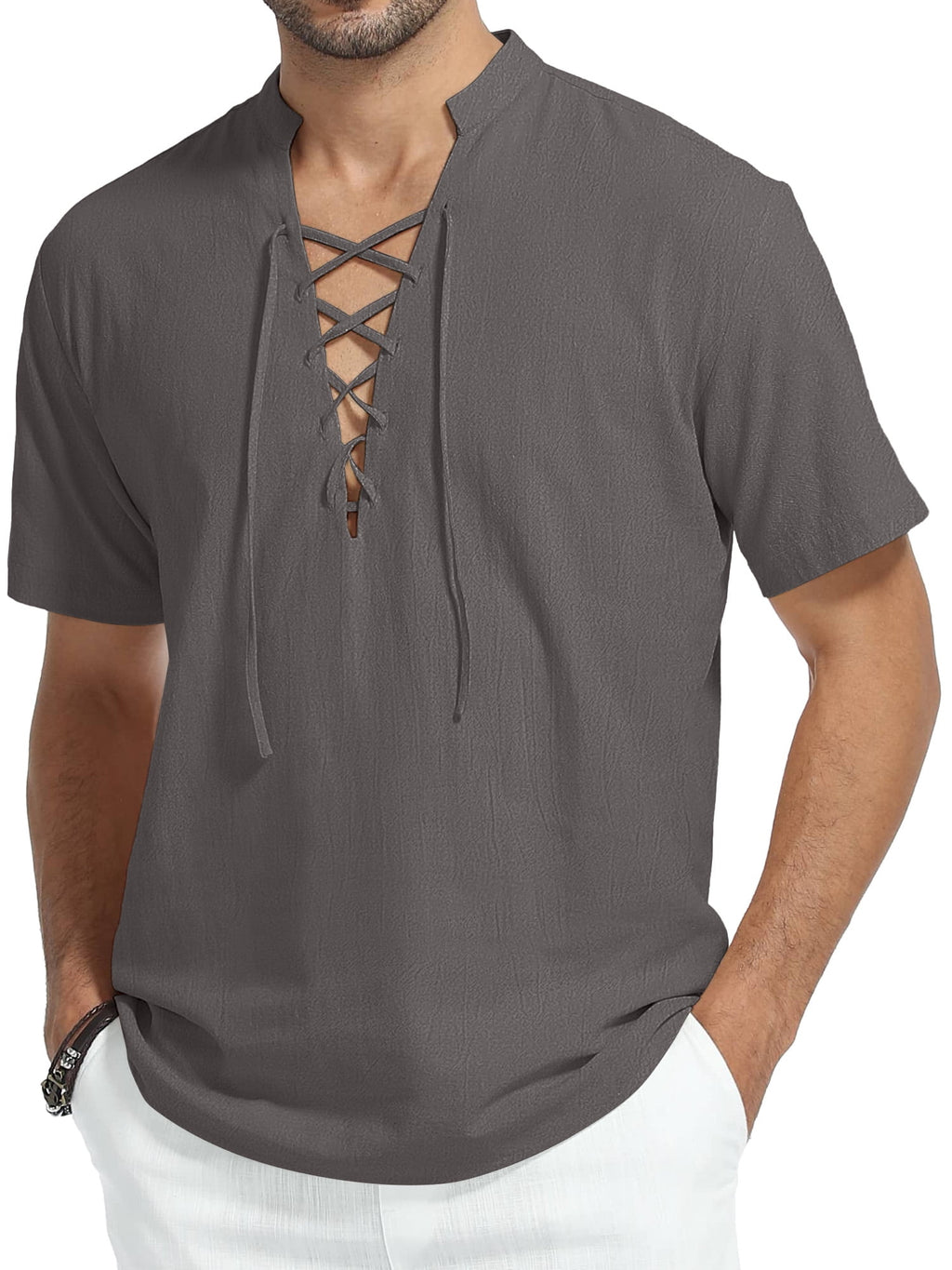 HAOMEILI Men's Cotton Linen Lace-Up V-Neck Short Sleeve Shirt
