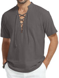 HAOMEILI Men's Cotton Linen Lace-Up V-Neck Short Sleeve Shirt