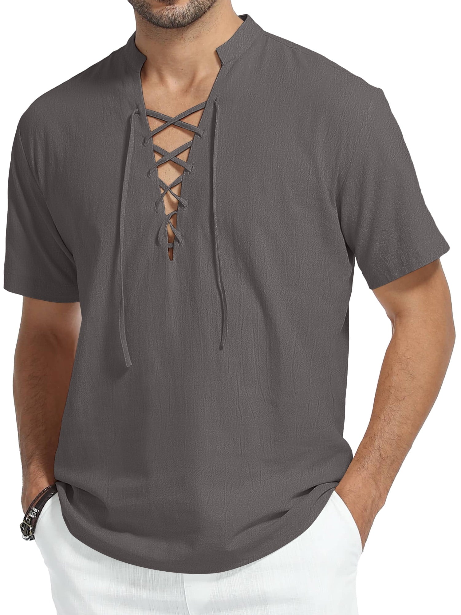 HAOMEILI Men's Cotton Linen Lace-Up V-Neck Short Sleeve Shirt