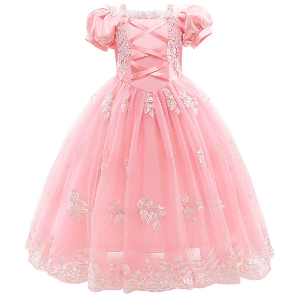 HAWEE Princess Dress for Girl Pink Cosplay Halloween Costume Puff Sleeve Layerd Dresses