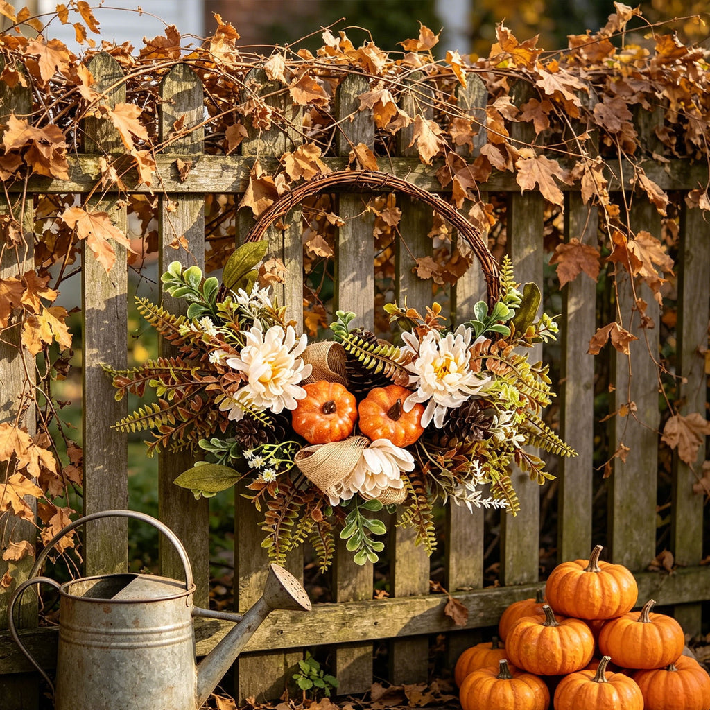 HHJZPR Halloween Fall Pumpkin & Peony Wreath, 15.7" Rustic Harvest Wreath with Pinecones for Front Door