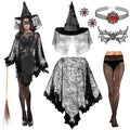 HIFOT 6pcs/set Spider Costume Adult Spider Web Poncho Tights Spider Necklace Chocker Earings Mask and Witch Hat Halloween Costumes for Women
