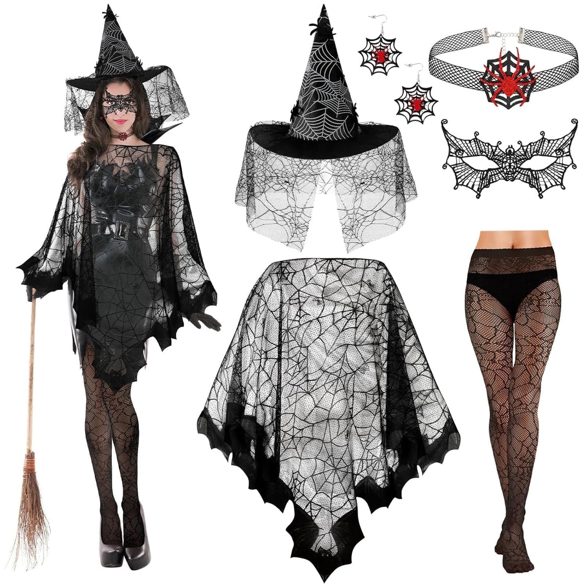 HIFOT 6pcs/set Spider Costume Adult Spider Web Poncho Tights Spider Necklace Chocker Earings Mask and Witch Hat Halloween Costumes for Women