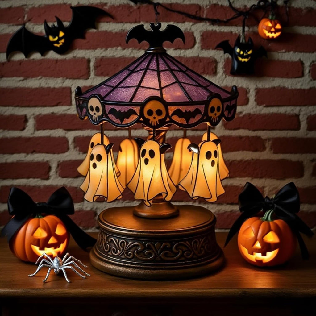 HaCpiu Halloween Ghost Carousel Night Light, Halloween Rotating Desktop Sculpture with LED Glow, Spooky Animated Tabletop Decoration for Indoor Holiday Accent