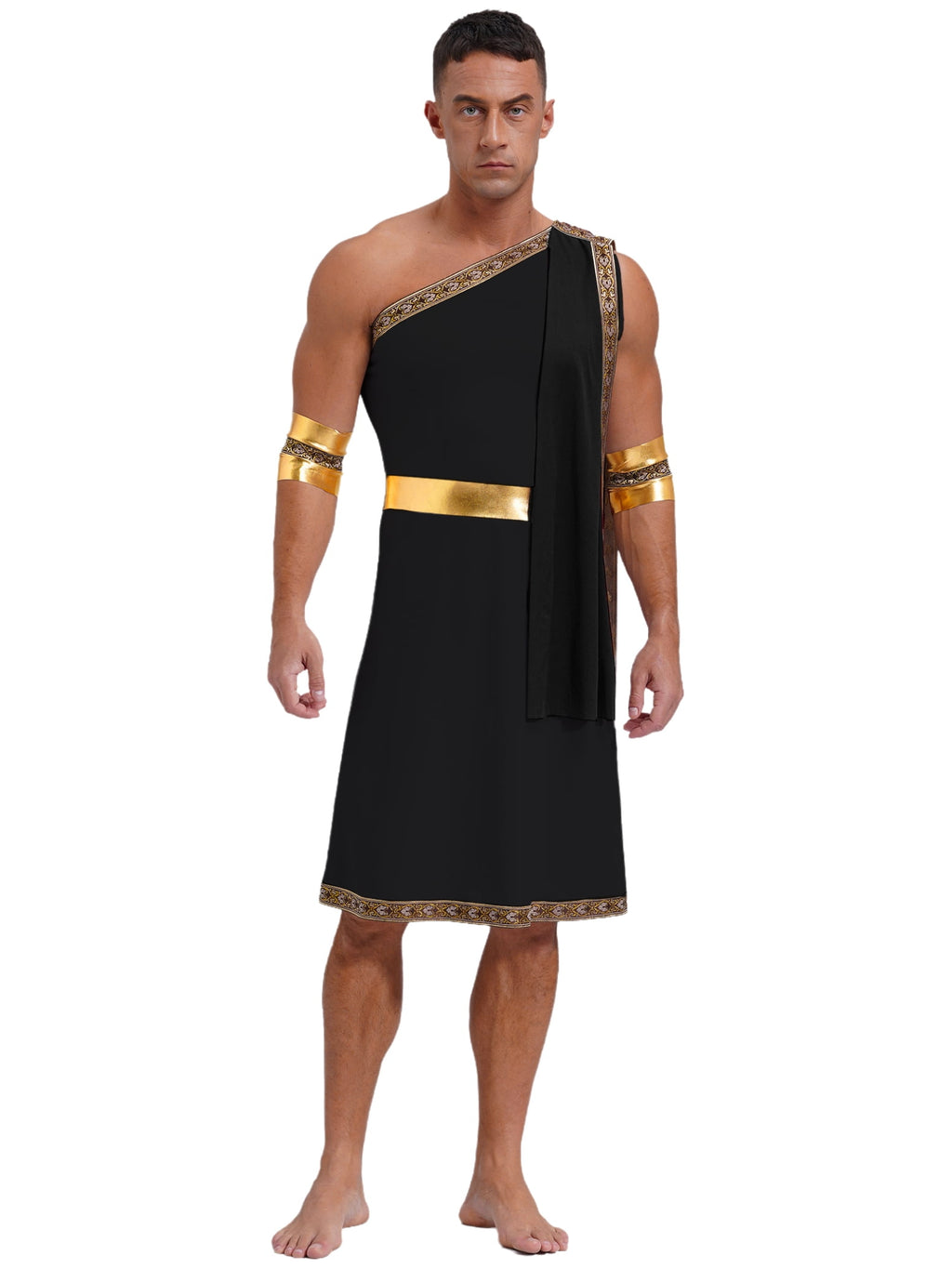 Haitryli Men's Ancient Greek God Toga with Sleeves One Shoulder Halloween Costume Tunic Role Play Black S