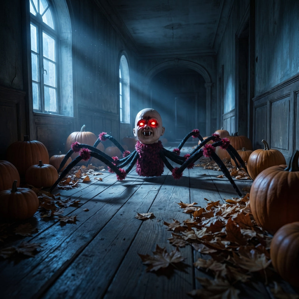Halloween Animated Walking Spider Prop, Touch Activated Scary Baby Head Decoration with Flashing Red Eyes, Eerie Sounds and Poseable Legs for , Yard, and Party Display