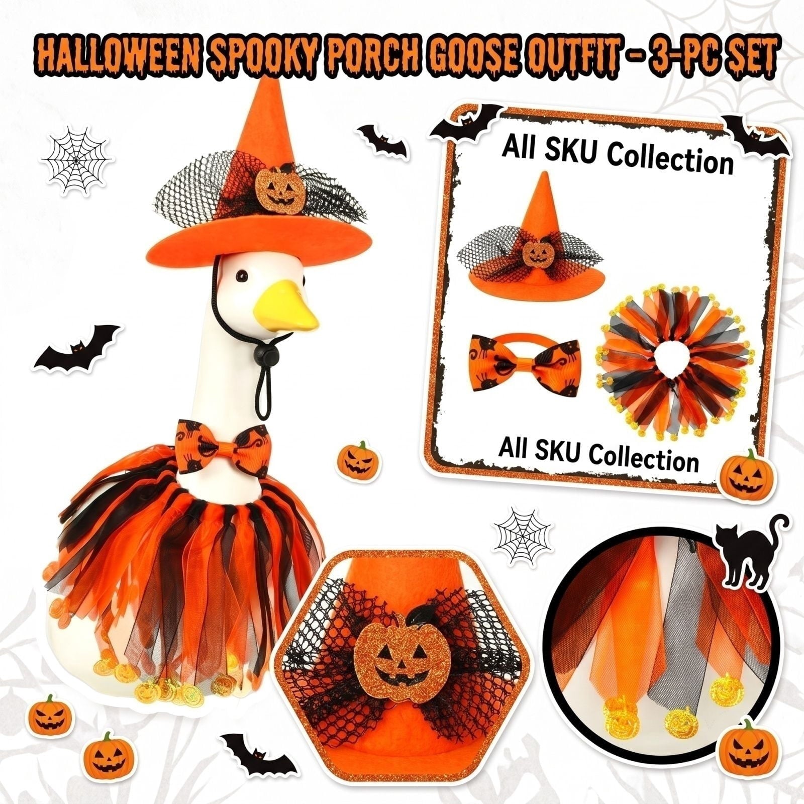 Outdoor Holiday Yard Decor, 23 Inch Porch Goose Outfits, Halloween Pumpkin Themed Porch Goose Clothes, Porch Goose Set with Hat and Treat Bag, Fits Standard 23 Inch Large Porch