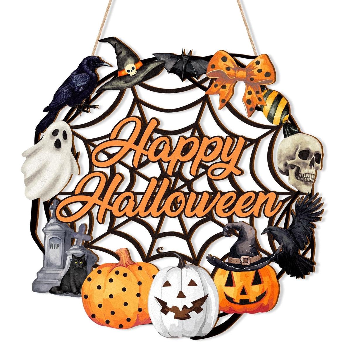 Halloween Decoration Indoor,Ghost & Pumpkin Halloween Wreath for Front Door,Wooden Black Cat Wall Sign Hanging Decor Indoor Outdoor Farmhouse Party Supply