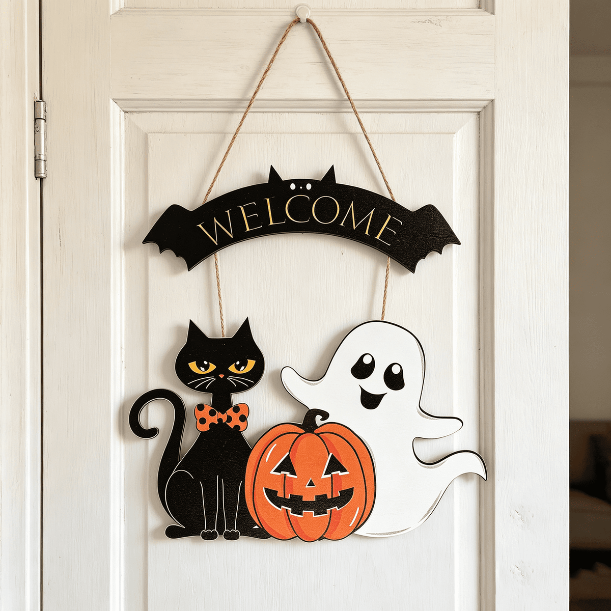 Halloween Decoration Wooden Ghost Door Halloween Wreath for Front Door Sign Hanging Indoor Outdoor Spooky Wreath for Home Wall Porch Party Decor