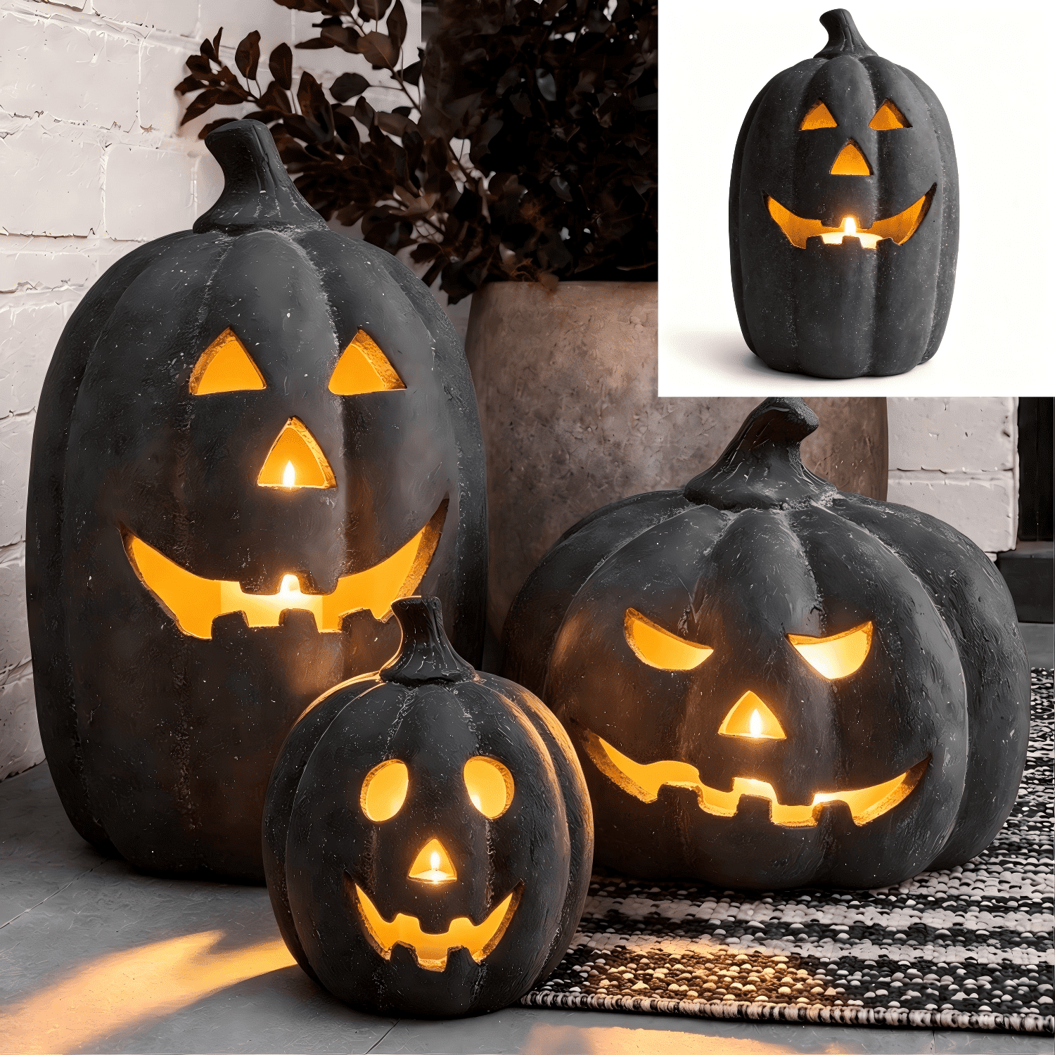 Halloween Decorations - 9.8" Black Handmade Resin Jack O Lantern Pumpkin Fall Decor, Indoor Outside Gothic Festival House Centerpiece Decoration for Table Garden Living Room Mantel