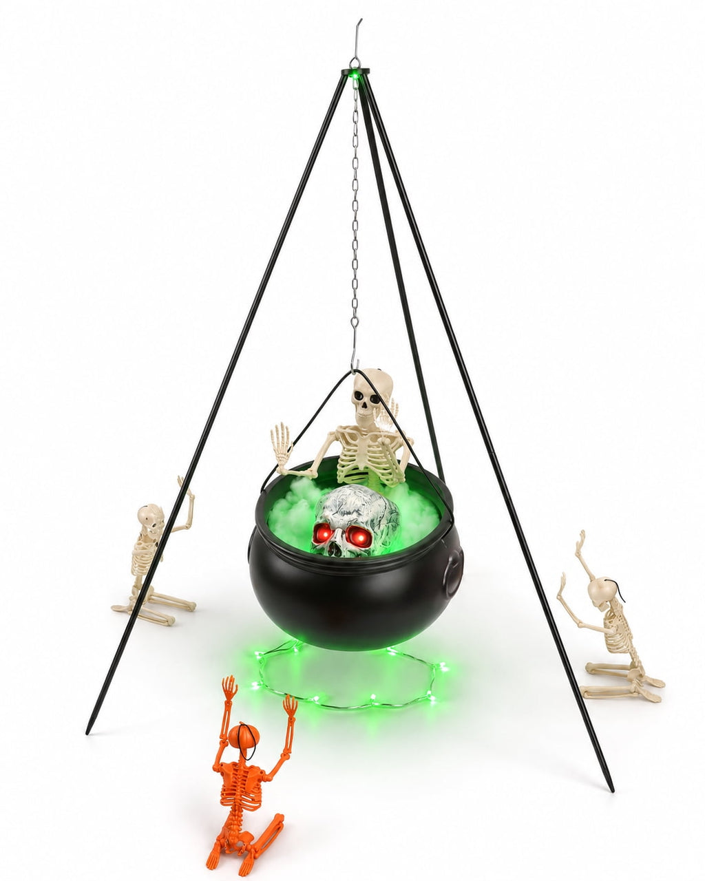 Halloween Decorations Bundle - 78cm/30.7" Witches Cauldron on 54" Tripod with Green LED Lights, 3pcs 40cm Skeleton, 60cm Skeleton, Skull Ornament, 4 Hooks - Indoor Outdoor Yard Porch Party Supplies