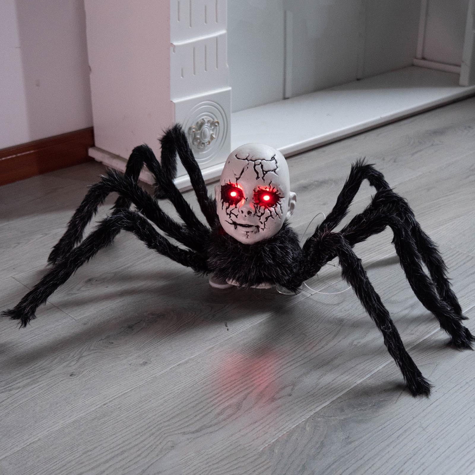 Halloween Doll Face Spider Walking T-oy Sound Activated Light Up Horror Prop Halloween Haunted House Decoration Party Scene Display Scary Animated Ornament Use Set Item Accessory