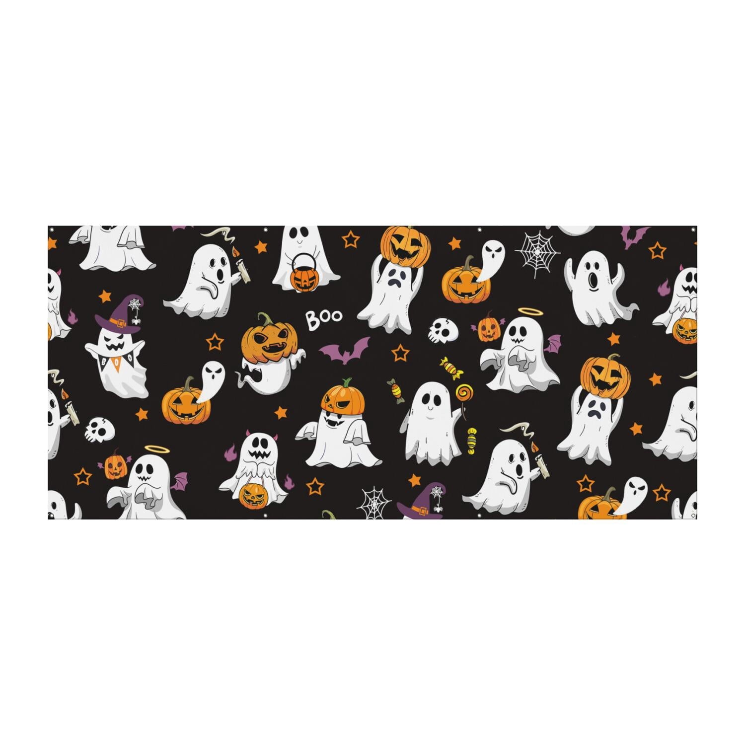 Halloween Garage Door Cover - 13x6ft Spooky Ghost Pumpkin Skull Witch Black Cat Polyester Backdrop for Outdoor Decor