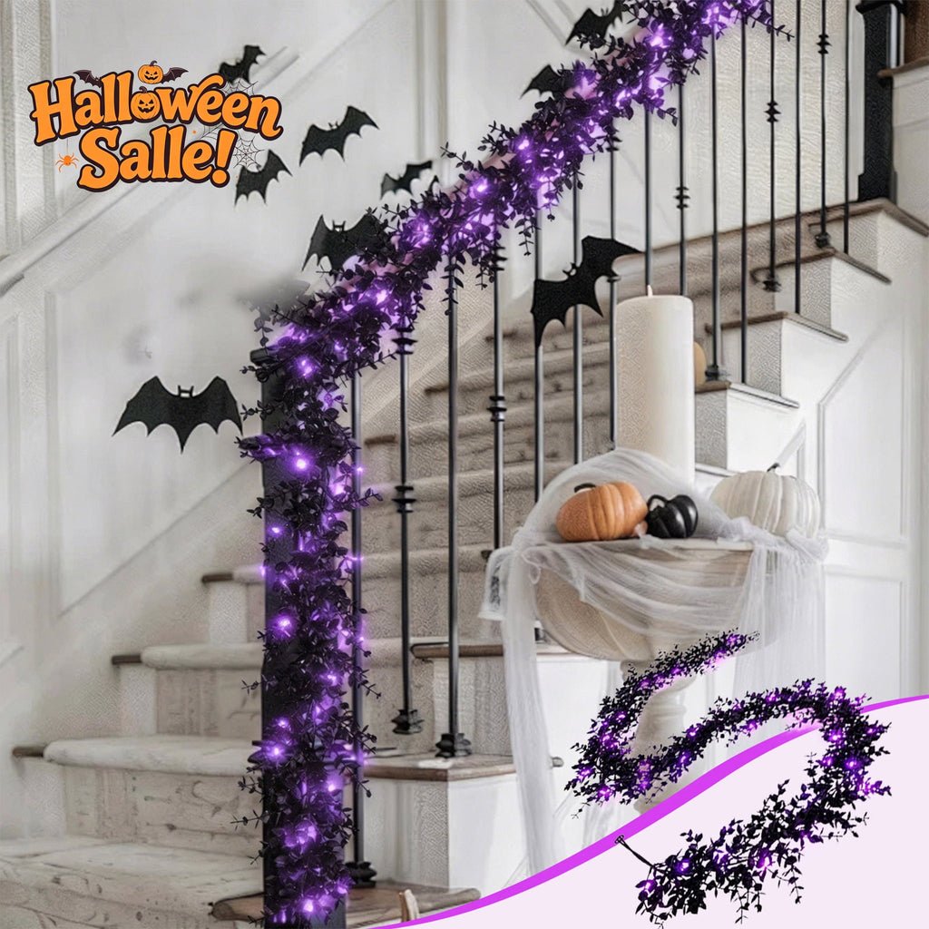 Halloween Garlands with Lights, 5.8 Ft Black Eucalyptus Garlands, Artificial Hanging Plants Vines, Faux Ferns Plant Fake Leaves Ivy Flowers Garlands for Garden Home Party Halloween Decorations Indoor