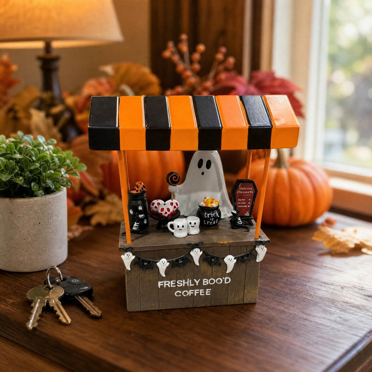 Halloween Ghost Coffee Stand Figurine, 2026 Spooky Decorative Ghost Statue for Shelf Desk Tabletop, Resin Halloween Ornament for Party, Farmhouse Seasonal Decor