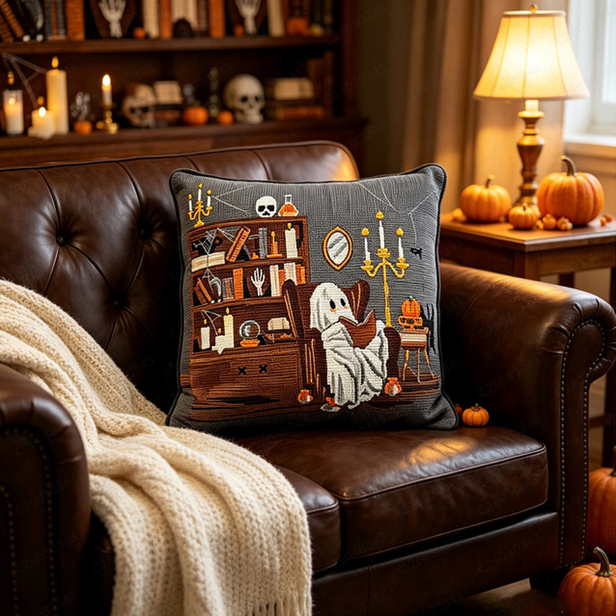 Halloween Ghost Reading Book Throw Pillow Cover, Spooky Library Bookshelf Skull Candlestick Decorative Pillowcase, Retro Halloween Cushion Cover