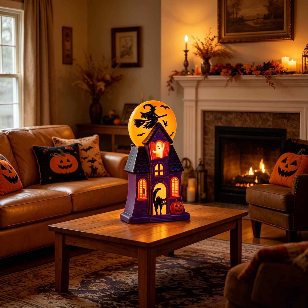 Halloween Haunted House Blow Mold Light, Resin Pre-Lit Spooky Mansion with Glowing Witch Moon, Ghost & Black Cat, Vintage Spooky House Lamp for Indoor Tabletop Outdoor Garden Decor
