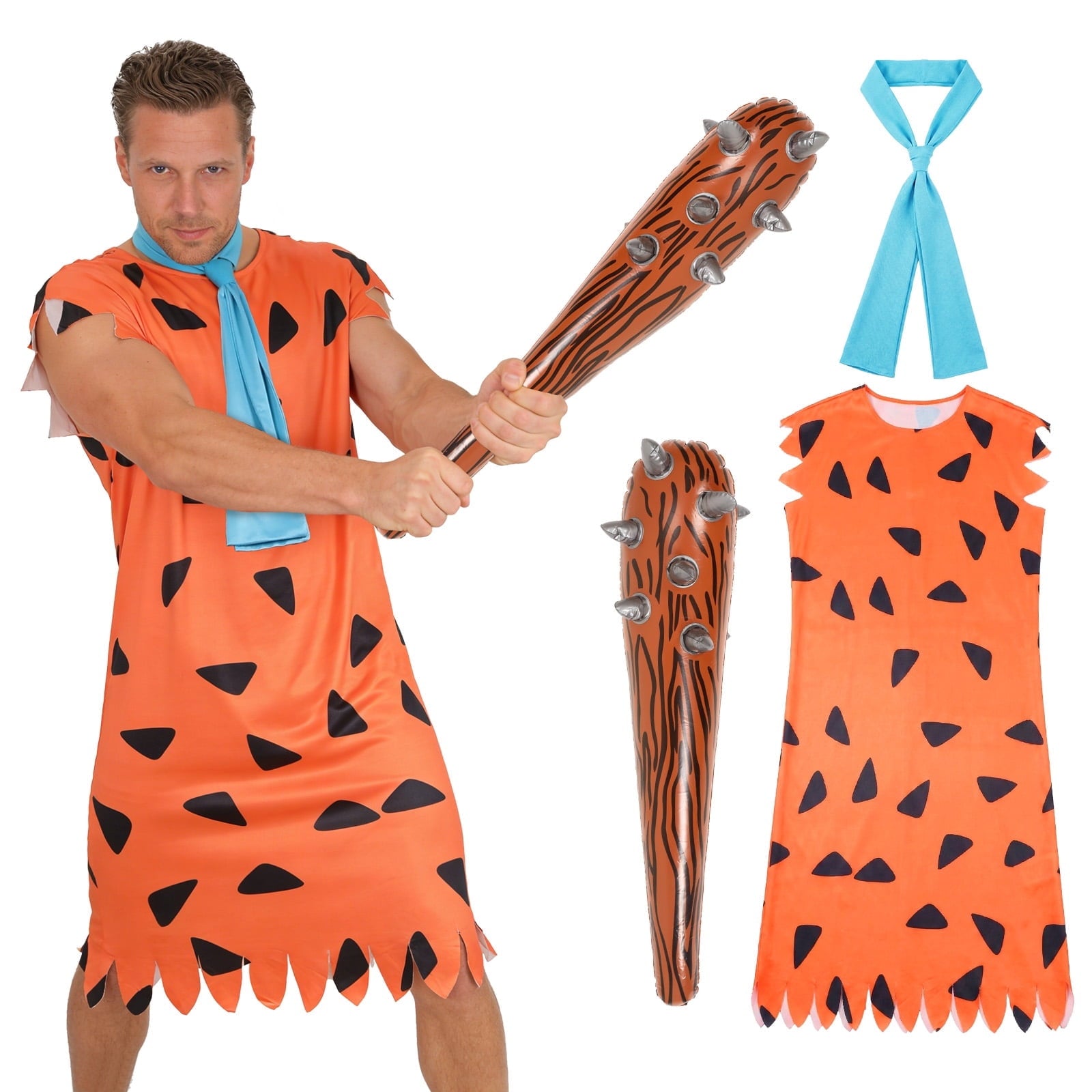 Halloween Men's Costume Adult Caveman Cartoon Style Outfit, Orange & Brown for Cosplay Family Parties