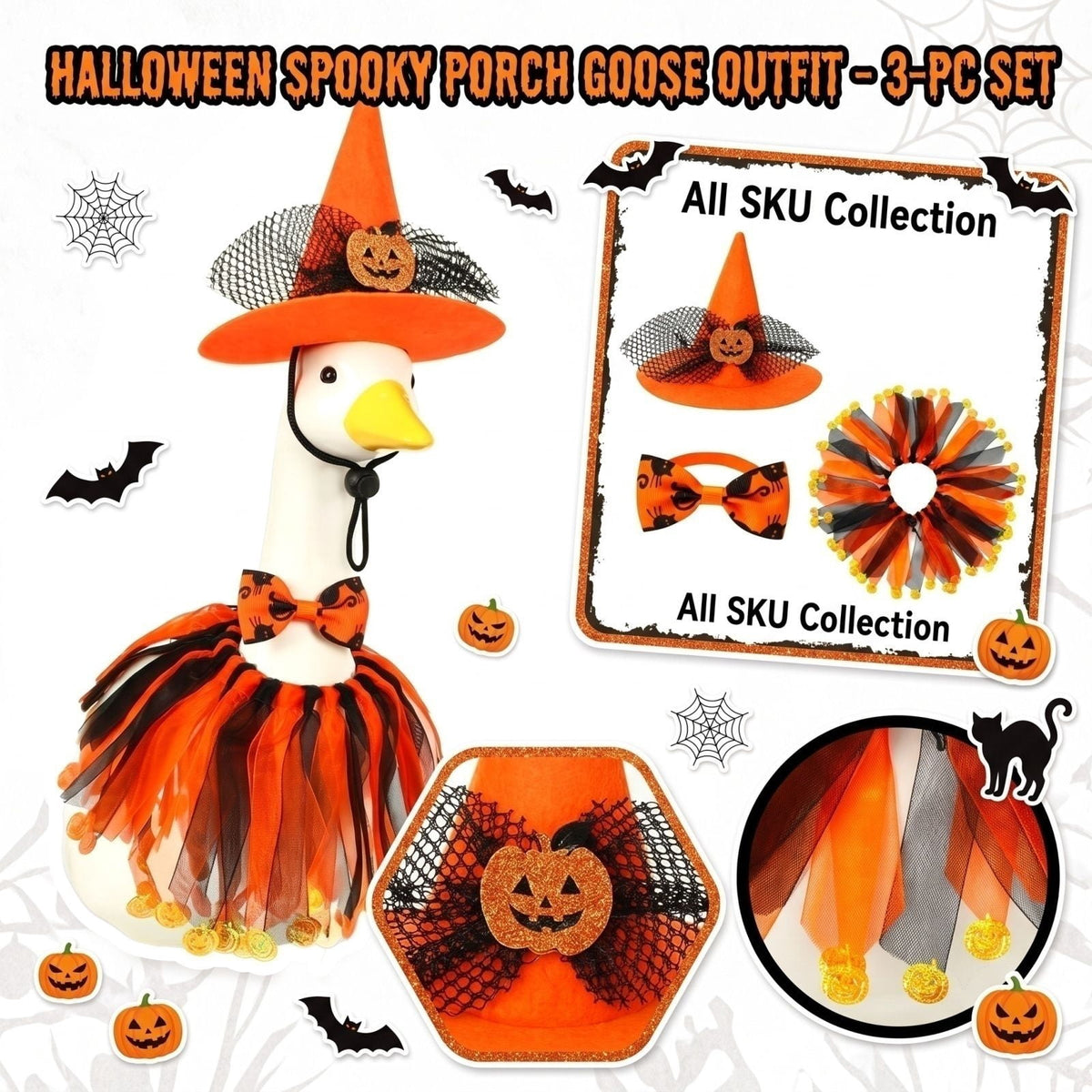 Bat Witch Hat Spiderweb Halloween Goose Clothes Fit 17/23In Cement Plastic Lawn Goose, Stylish Full Set for Outdoor Yard Patio Garden Seasonal Halloween Home Ornamental Arrangement
