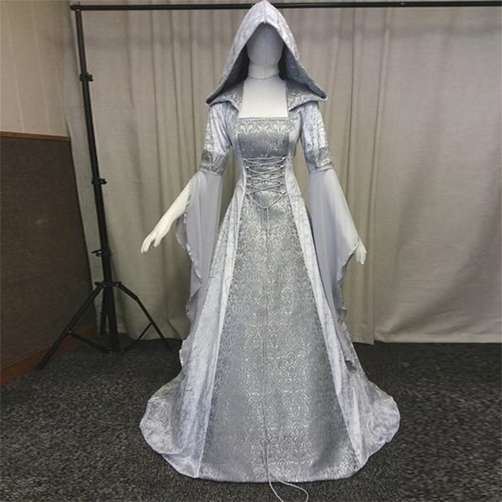 Medieval Renaissance Hooded Dress for Women, Silver Gothic Witch Costume with Lace-Up Corset, Vintage Velvet Long Sleeve Gown for Halloween Cosplay Renaissance Wedding Themed Party-Dark Blue/L