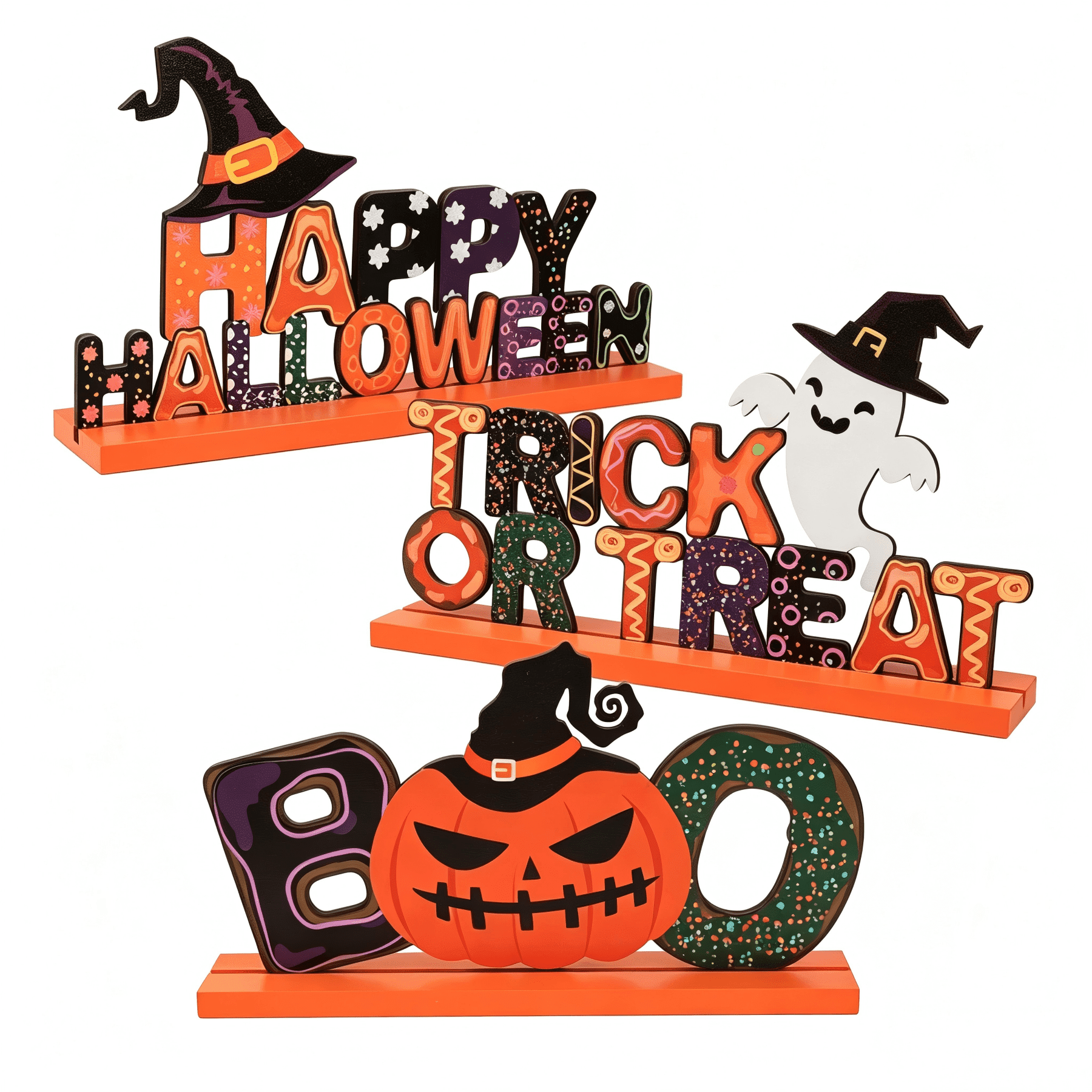 Halloween Tabletop Decoration Indoor Farmhouse BOO Decoration Centerpieces for Halloween-3*10 Inch Wooden Sign with Happy Halloween, Trick or Treat, Boo for Indoor Decoration