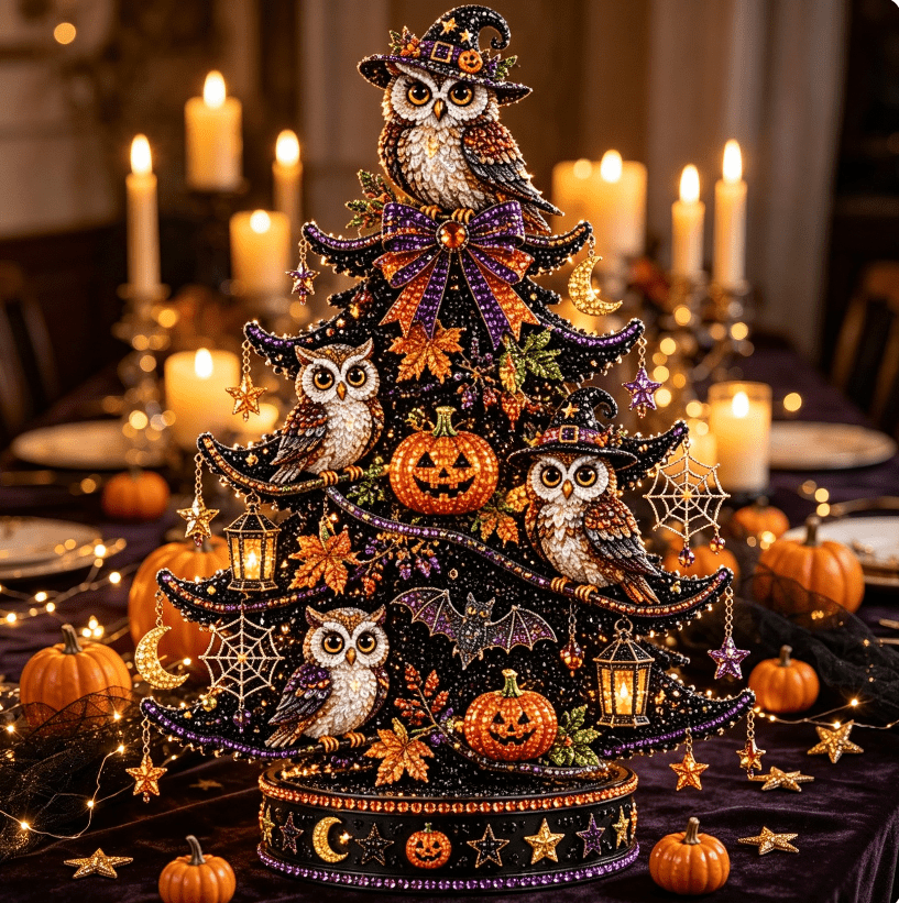 2026 Moonlit Black Cat DIY Halloween Quilted Fabric Tree Kit - Patchwork Fabric Halloween Tabletop Tree, Autumn Mantel Ornament for Adult Rustic Farmhouse Seasonal Display