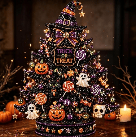 2026 Moonlit Black Cat DIY Halloween Quilted Fabric Tree Kit - Patchwork Fabric Halloween Tabletop Tree, Autumn Mantel Ornament for Adult Rustic Farmhouse Seasonal Display