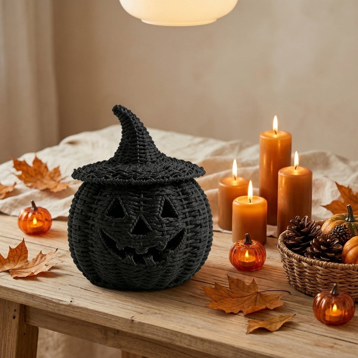 2026 Halloween Black Woven Seagrass Pumpkin Storage Basket with Lid, Fall Indoor Home Decorations for Halloween Party Home Halloween Decor, 10.2 inch