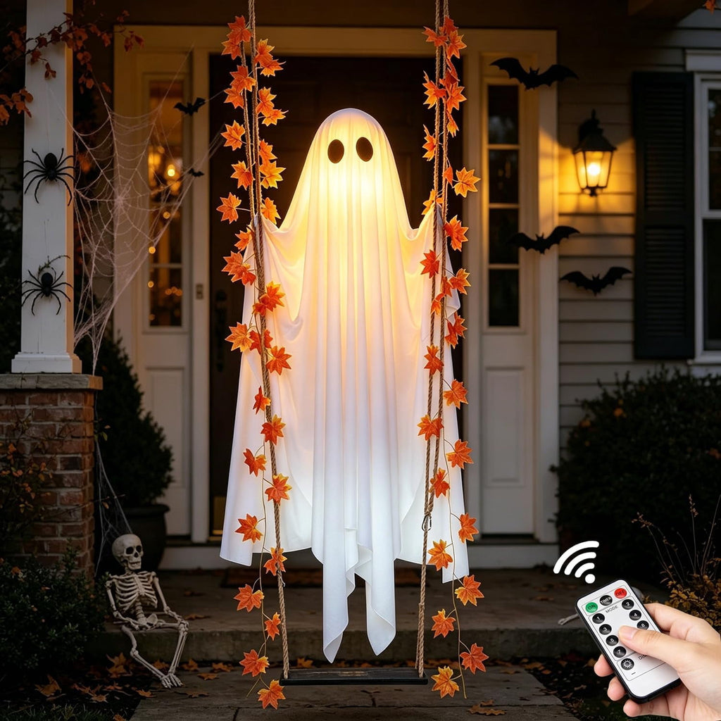 Hanging Swinging Ghost Halloween Decor - Outdoor Halloween Decorations with Ghost on A Swing for Outside Garden Yard Porch Tree, 4.4 FT Large Spooky Cute Ghosts with String Lights for Indoor Party
