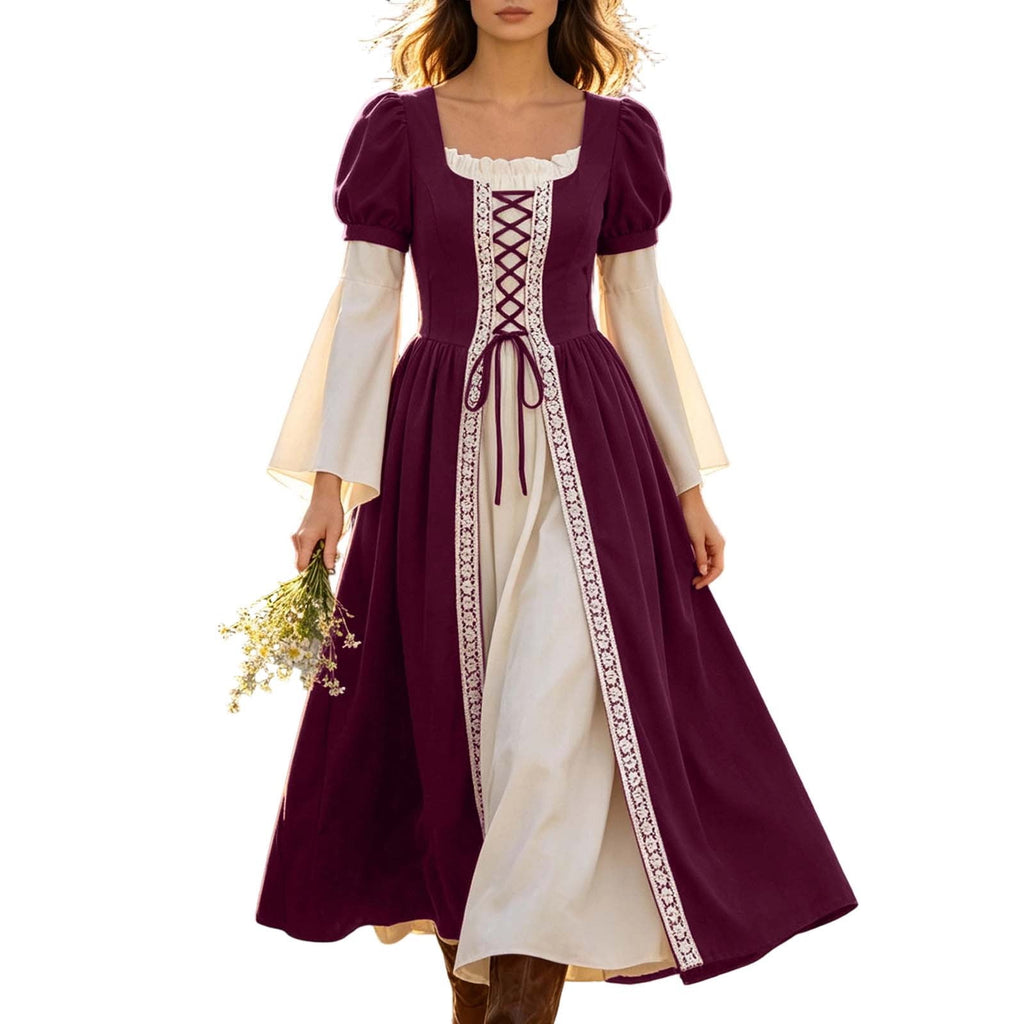Hurxie Renaissance Costume Women Peasant Medieval Dress Maxi Fairy Dresses with Bell Sleeve Vintage Ren Faire Outfit