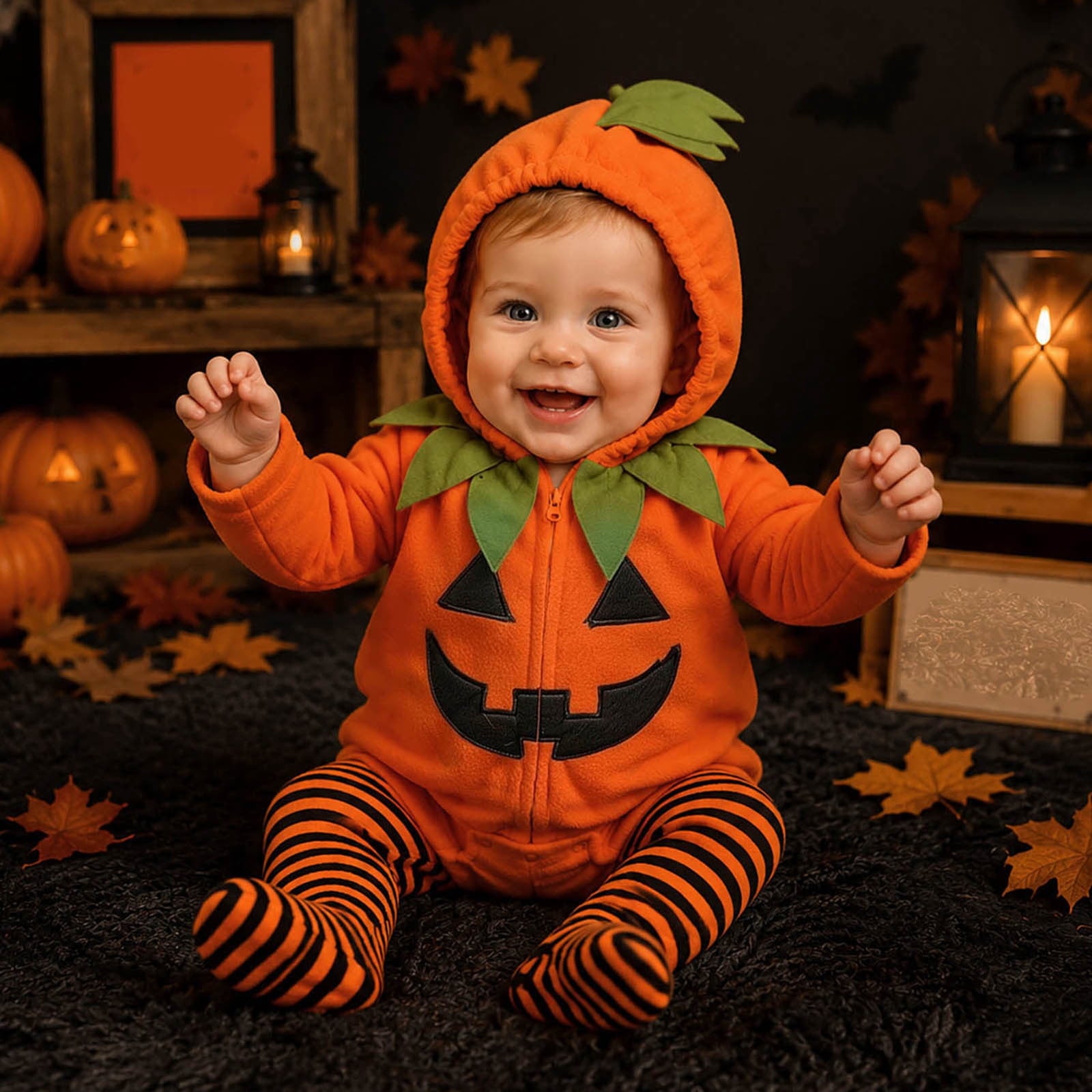 Newborn Infant Cute Jack-O-Lantern Costume Halloween Bodysuit and Striped Leggings Set Fall Holiday Fancy Dress Up Outfit for Boys Girls Party Festival