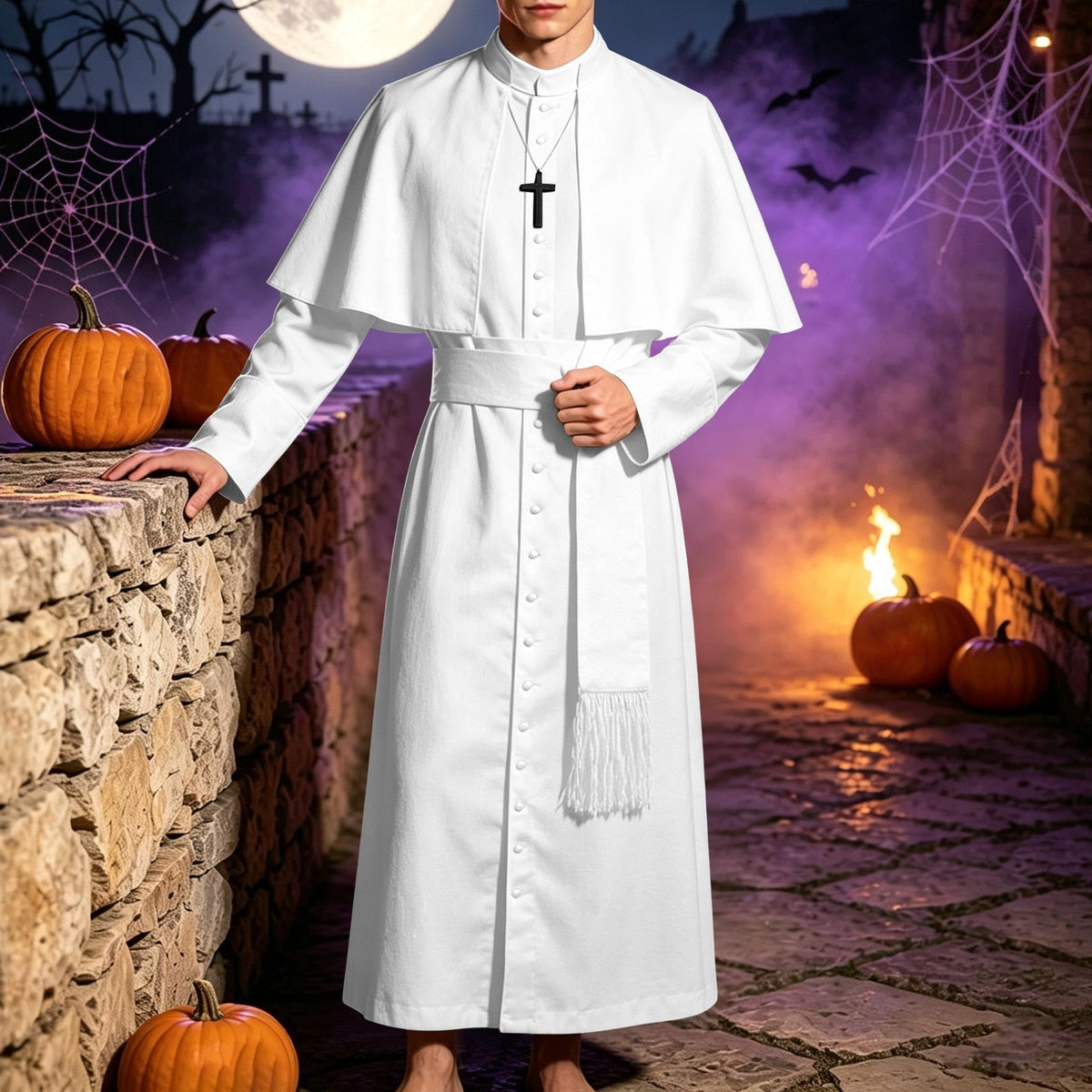 JOANKDMI Catholic Priest Costume for Men Clergy Cassock Robe with Capelet and Sash Halloween Party Outfit Religious Father Minister Fancy Dress for Men