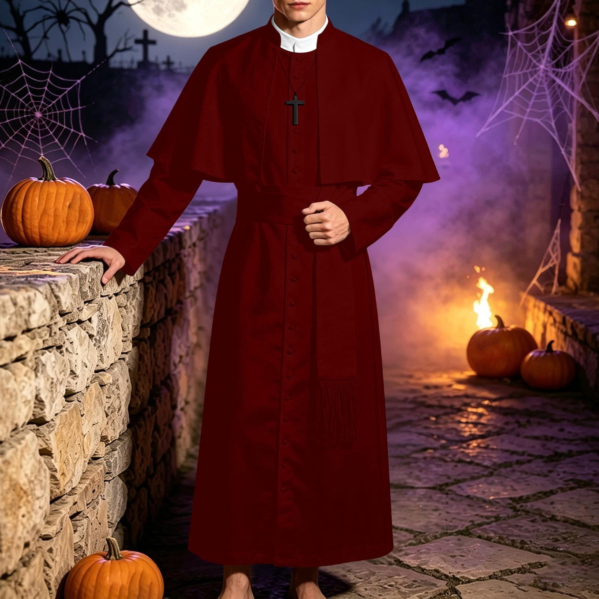 JOANKDMI Catholic Priest Costume for Men Clergy Cassock Robe with Capelet and Sash Halloween Party Outfit Religious Father Minister Fancy Dress for Men