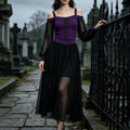 JOANKDMI Women's Gothic Midi Dress Elegant Vampire Costume Cold Shoulder Sheer Long Sleeve Lace-up Corset for Roleplay Halloween Party Outfit Chic, S-3XL