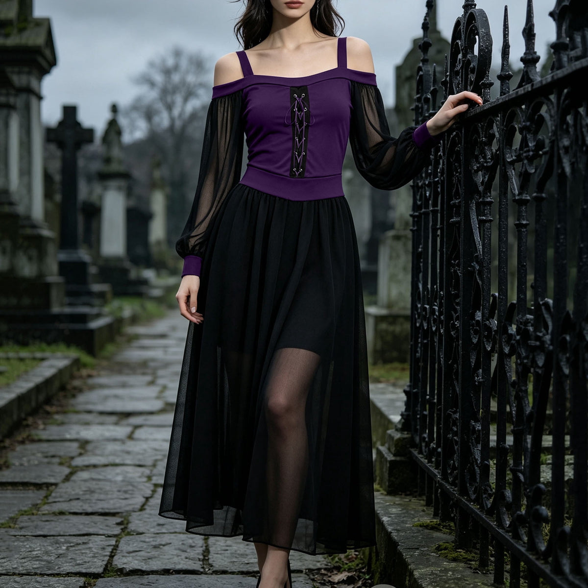 JOANKDMI Women's Gothic Midi Dress Elegant Vampire Costume Cold Shoulder Sheer Long Sleeve Lace-up Corset for Roleplay Halloween Party Outfit Chic, S-3XL
