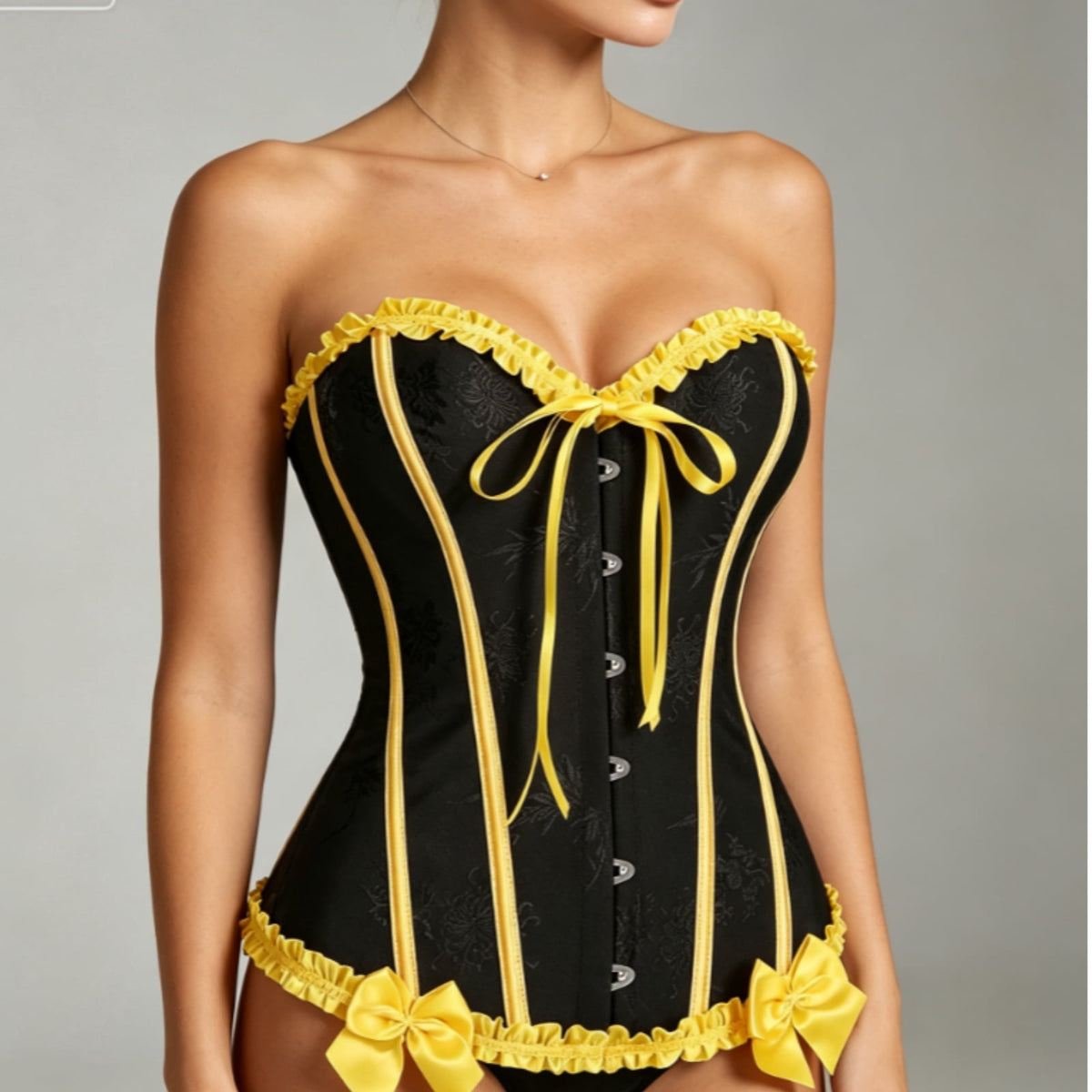JOANKDMI Women's Chic Gothic Steampunk Corset Top with Ribbon Tie and Ruffle Trim Elegant Bustier for Pirate Roleplay and Vampire Halloween Dress Up Outfit