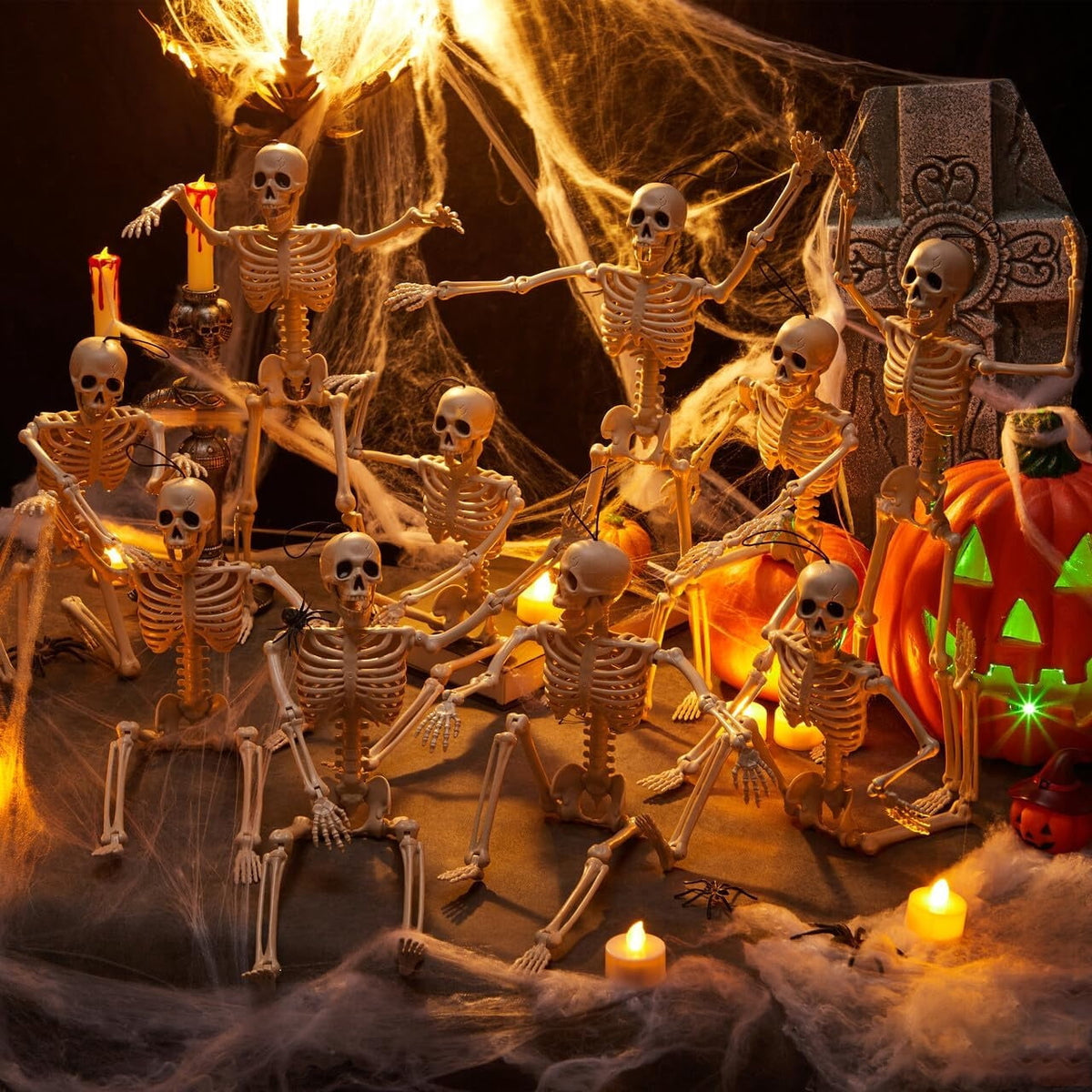 Joyfy 5 Pcs Halloween Skeleton Decorations,16 inch Full Body Poseable Skeleton with Movable Joints for Halloween Indoor Outdoor Party,Graveyard,Haunted House Accessories,White