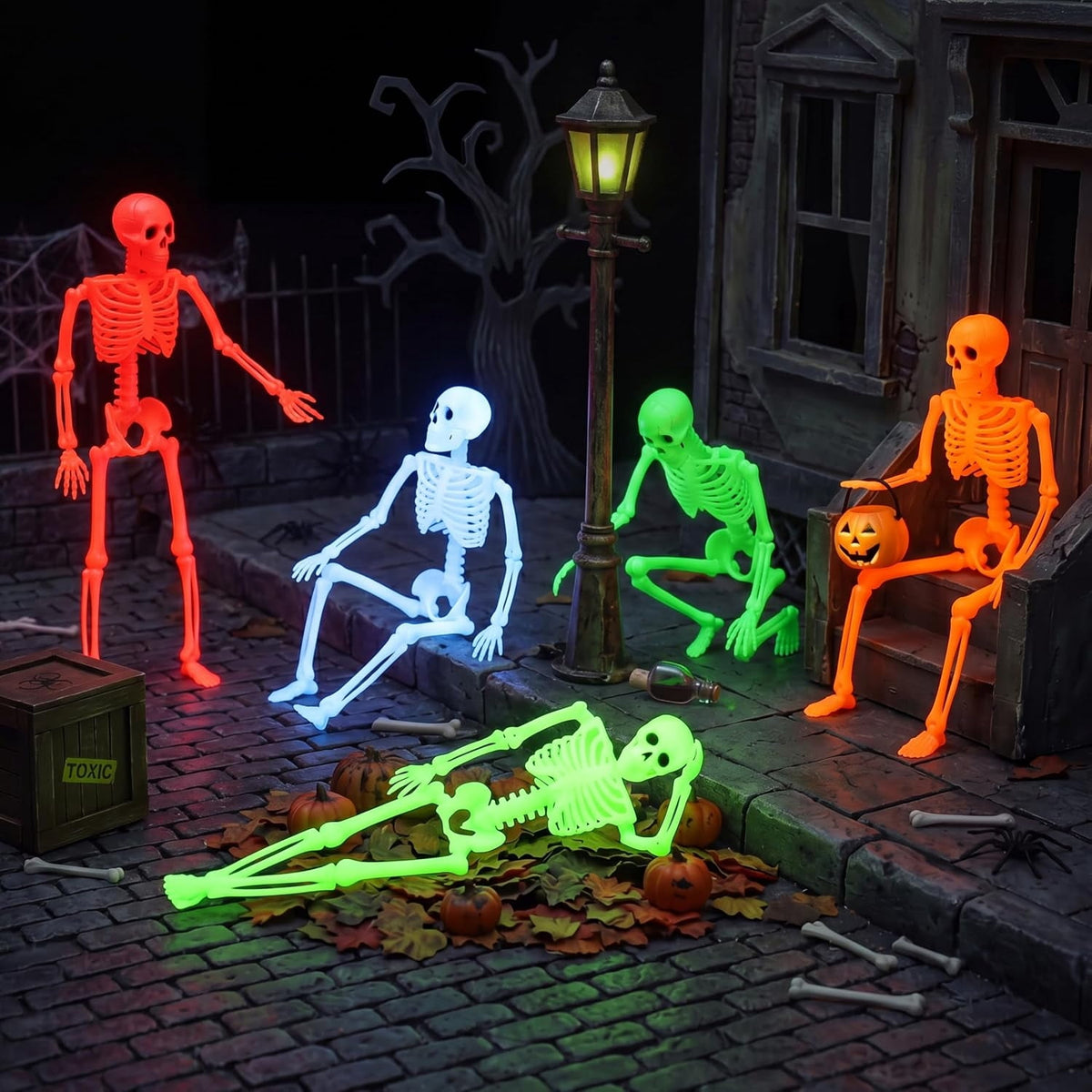 Joyfy 5 Pcs Halloween Skeleton Decorations,16 inch Full Body Poseable Skeleton with Movable Joints for Halloween Indoor Outdoor Party,Graveyard,Haunted House Accessories,White