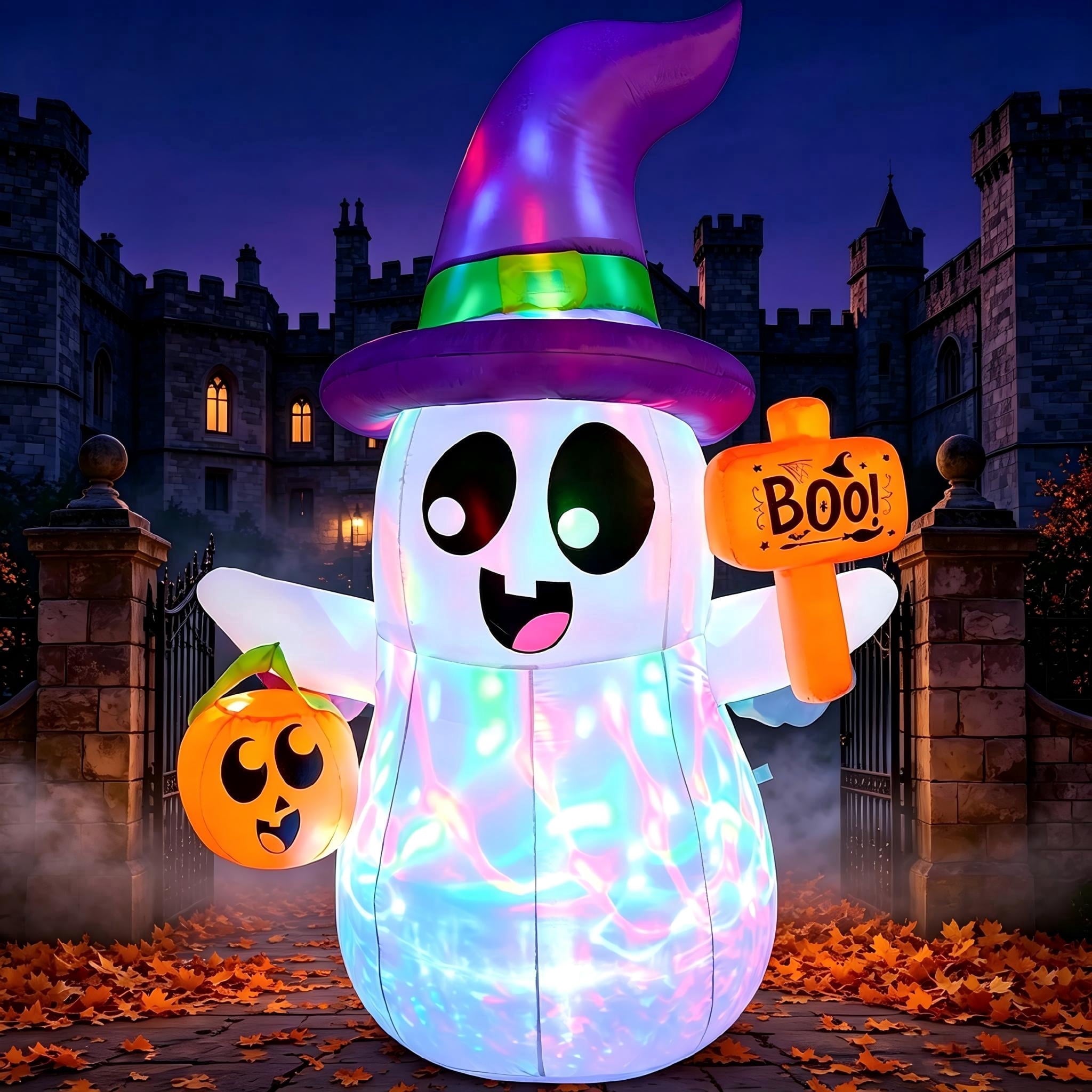 Joyfy 5Ft Halloween Inflatable Pumpkin Ghost with Colorful LED Lights,Halloween Blow Up Cute Decor for Indoor Outdoor Holiday Yard Decoration