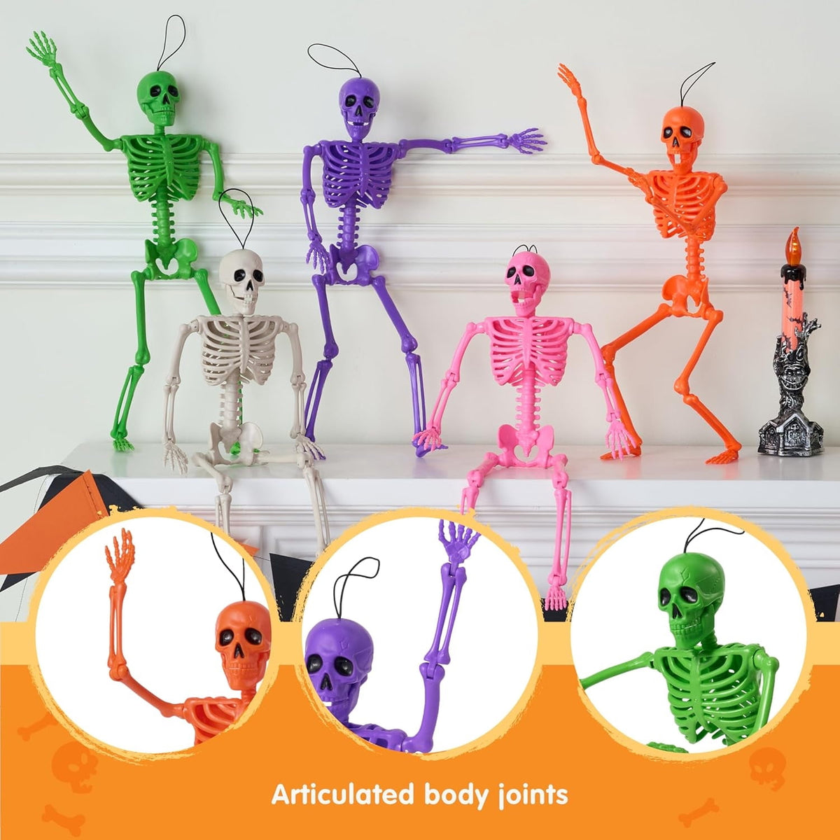 Joyfy 5 Pcs Halloween Skeleton Decorations,16 inch Full Body Poseable Skeleton with Movable Joints for Halloween Indoor Outdoor Party,Graveyard,Haunted House Accessories,White